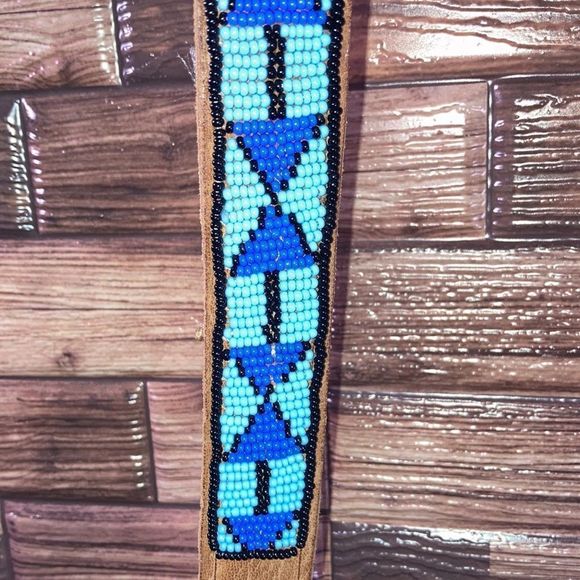 Hand Beaded Leather Belt unisex Small Blue/Black/ Brown - Picture 4 of 12